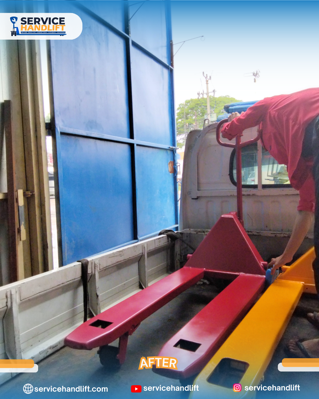 Pengiriman service hand lift Medan ke lokasi pelanggan secara gratis.